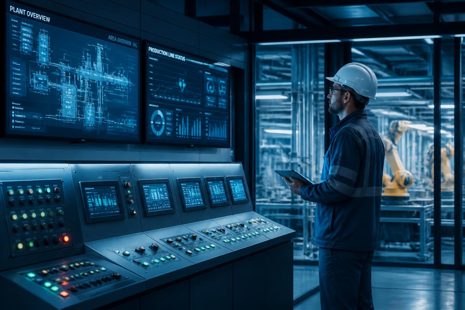 Industrial automation control room with PLC and SCADA systems